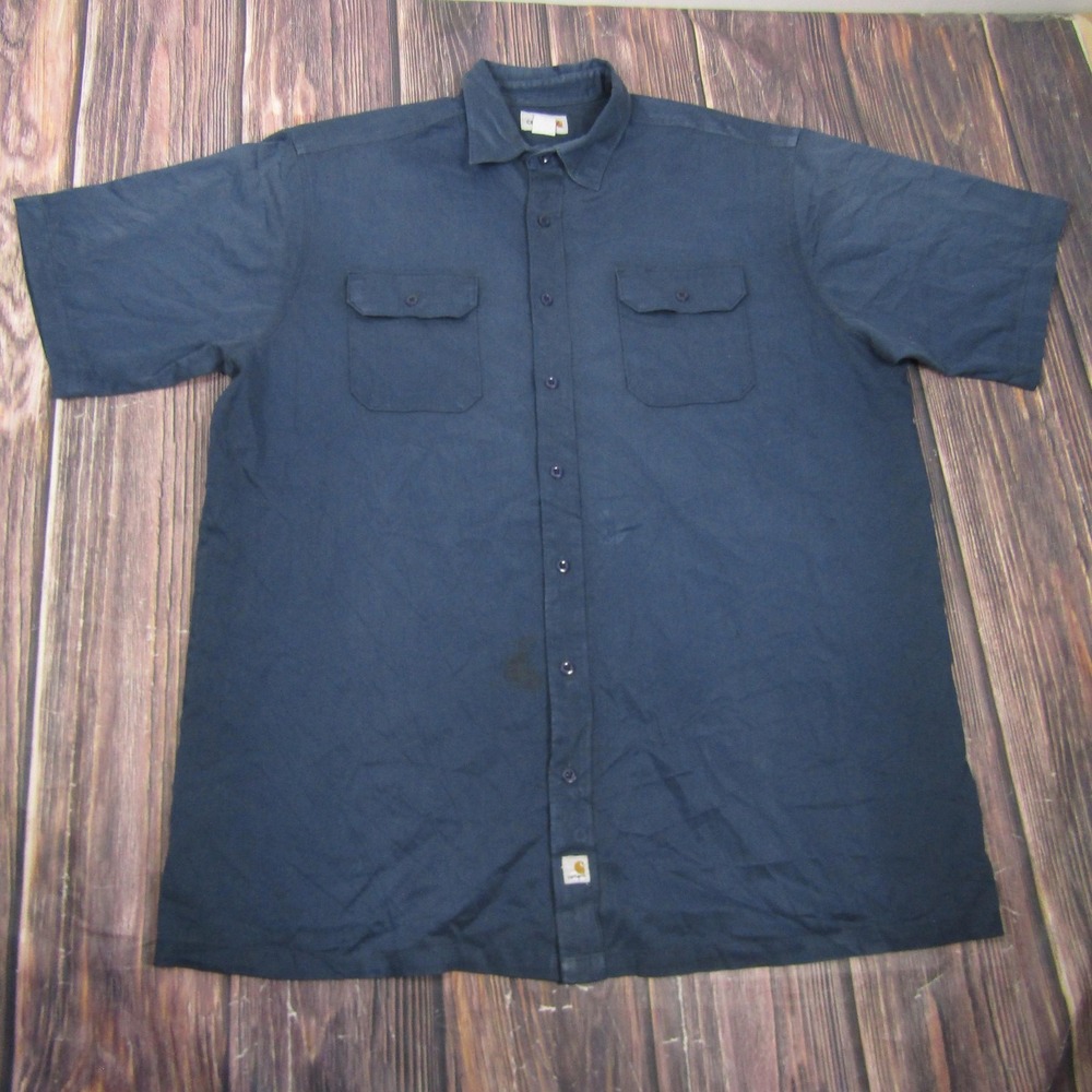 Carhartt Shirt Mens 2XLT Blue Short Sleeve Button Up Twill Distressed Workwear‎